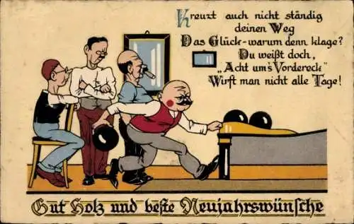 Ak Glückwunsch Neujahr, Männer beim Kegeln