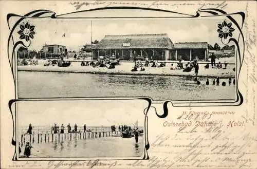 Ak Ostseebad Dahme in Holstein, H. Kitzerau's Strandhütte, Bootssteg, Abfahrt der Gäste