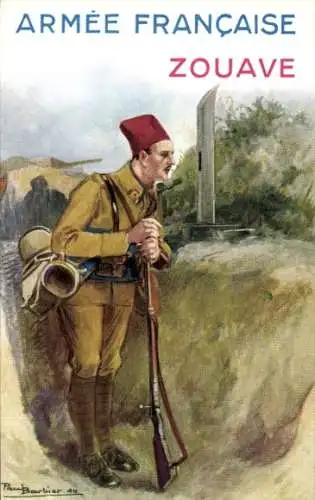 Künstler Ak Barbier, P., Zouave im Schützengraben, Gewehr, Grabenfernrohr