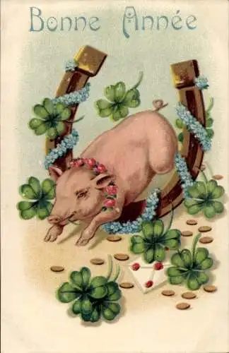 Präge Ak Glückwunsch Neujahr, Schwein, Hufeisen, Klee, Münzen