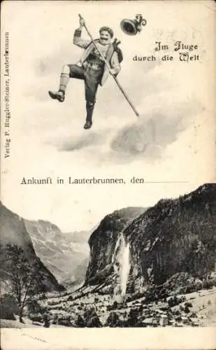 Ak Lauterbrunnen Kanton Bern, Panorama, fliegender Mann in Tracht