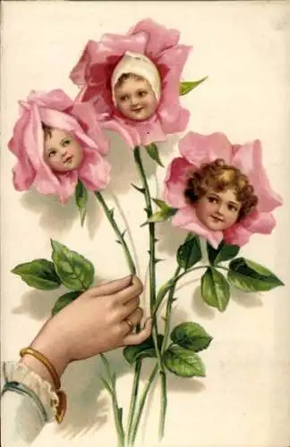 Litho Rosenblüten mit Gesichtern, Kinder, Kitsch, Frauenhand