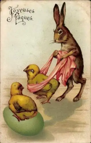 Präge Ak Glückwunsch Ostern, Osterhase, Küken, vermenschlicht