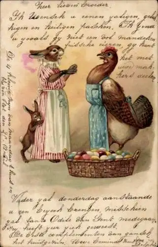 Litho Glückwunsch Ostern, Osterhase, Henne, vermenschlicht