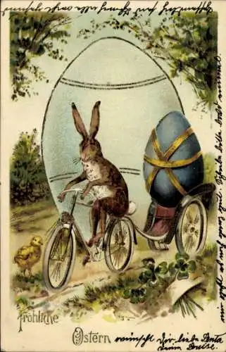 Präge Ak Glückwunsch Ostern, Osterhase auf einem Fahrrad, vermenschlicht, Osterei