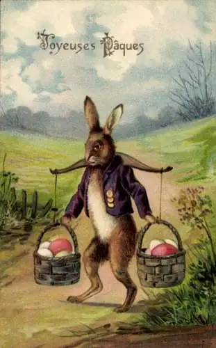 Präge Ak Glückwunsch Ostern, Osterhase, vermenschlicht, Ostereier