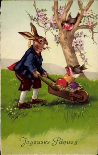 Ak Frohe Ostern, Osterhase mit Schubkarre, Ostereier, Rotkehlchen