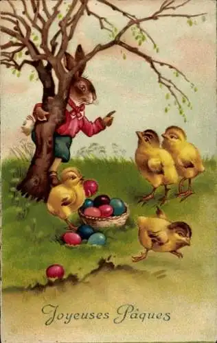 Ak Ostern, Vermenschlichte Osterhasen und Küken