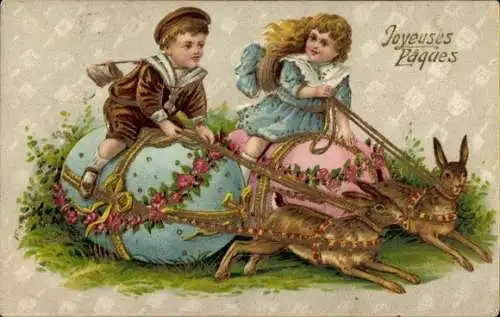 Glitzer Präge Ak Glückwunsch Ostern, Osterhasen, Ostereier, Kinder