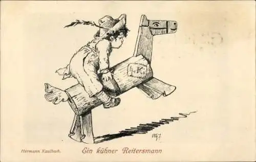 Künstler Ak Kaulbach, Hermann, Ein kühner Reitersmann, Holzpferd