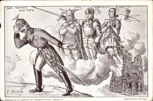 Künstler Ak Beraud, Ch., Kaiser Wilhelm II., Kathedrale von Reims in Brand, Clovis, Jeanne d'Arc