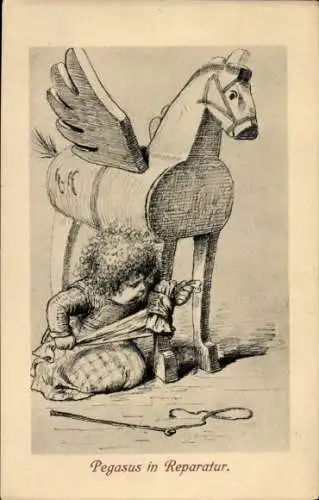 Künstler Ak Kaulbach, Hermann, Pegasus in Reparatur, Schaukelpferd, Kind