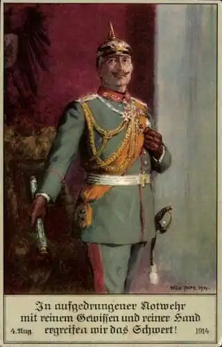 Künstler Ak Pape, Wilh., Kaiser Wilhelm II., In aufgedrungener Notwehr mit reinem Gewissen, 1914