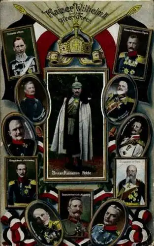 Ak Kaiser Wilhelm II., Kronprinz, Heerführer, von Tirpitz, Hindenburg, von Emmich, Portraits