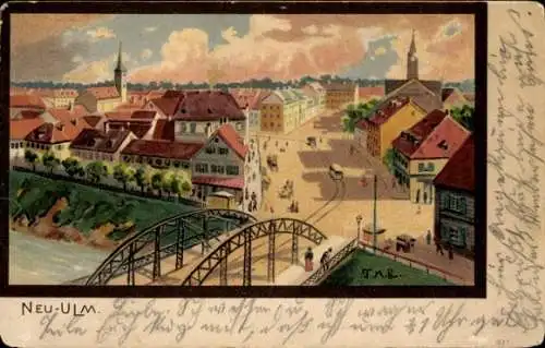 Künstler Litho Neu-Ulm in Schwaben, Teilansicht der Stadt, Straßenpartie, Brücke