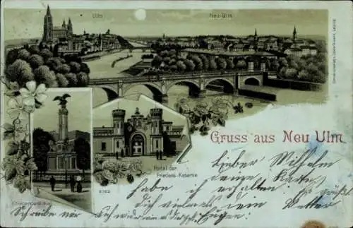 Mondschein Litho Neu Ulm in Schwaben, Stadtpanorama, Kriegerdenkmal, Friedenskaserne Portal