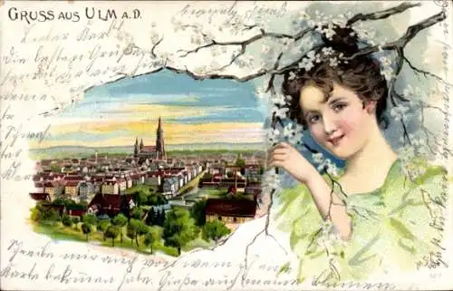 Litho Ulm an der Donau, Stadtpanorama, Frau