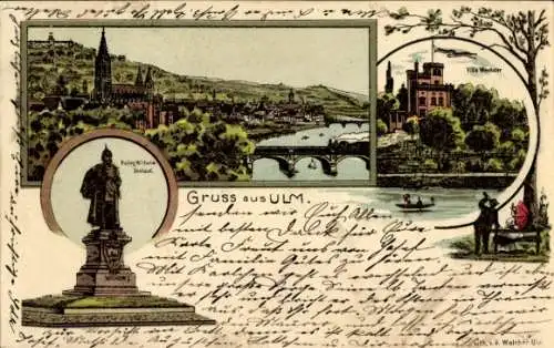 Litho Ulm an der Donau, Teilansicht, Kaiser Wilhelm Denkmal, Villa