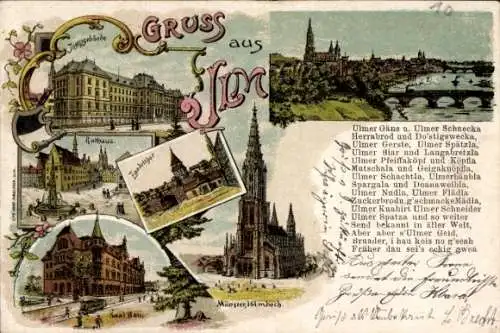 Litho Ulm an der Donau, Rathaus, Justizgebäude, Münster, Zundeltor, Saalbau