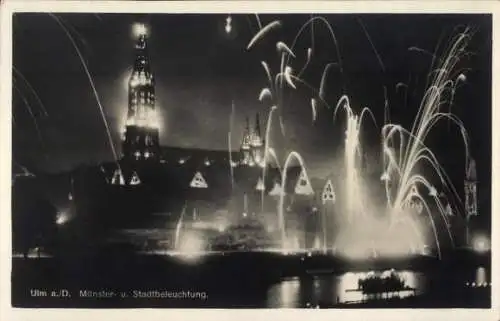 Ak Ulm an der Donau, Münster, Stadtbeleuchtung, Feuerwerk