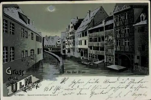 Mondschein Litho Ulm an der Donau, An der Blau bei Nacht