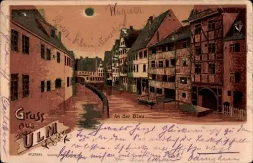 Mondschein Litho Ulm an der Donau, An der Blau