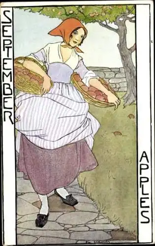 Künstler Ak Cramer, Rie, September, Allegorie, Bäuerin, Äpfel