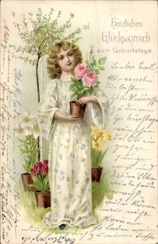 Litho Glückwunsch Geburtstag, Mädchen mit Blumen, Rosen, Tulpen