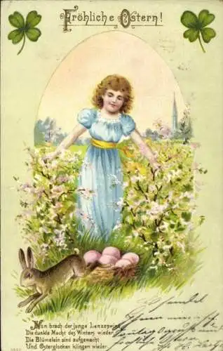 Präge Litho Glückwunsch Ostern, Mädchen, Osterhase, Ostereier