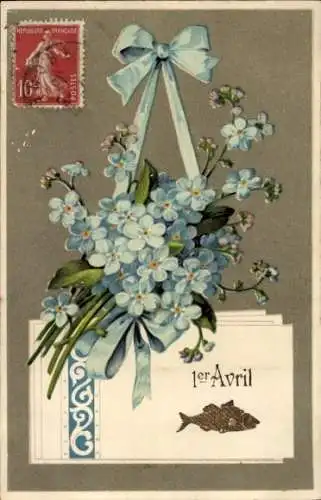 Litho Glückwunsch 1. April, Fisch, Blumen