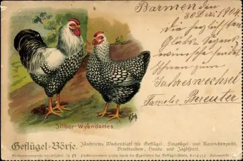 Künstler Litho Hühner, Silber-Wyandottes, Werbung, Wochenblatt Geflügel-Börse