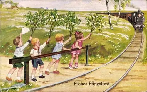 Ak Frohe Pfingsten, Kinder winken mit Birkenzweigen an einem Bahnübergang, Eisenbahn