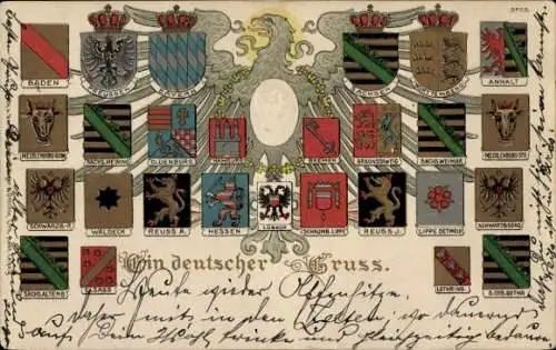 Präge Wappen Ak Ein deutscher Gruß, Kaiser Wilhelm II., Anhalt, Sachsen, Hamburg, Bayern