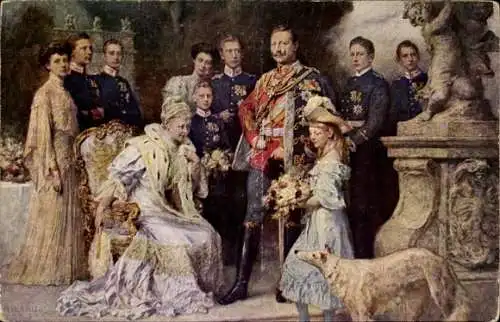 Künstler Ak Keller, F., Kaiserhaus, Wilhelm II, Kaiserin Auguste Viktoria, Kronprinz, Windhund