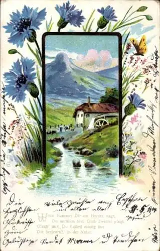 Litho Wohnhaus am Fluss, Wassermühle, Blumen, Wenn Kummer Dir am Herzen nagt...