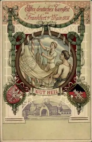 Litho Frankfurt am Main, 11. Deutsches Turnfest 1908, Gut Heil, Festhalle, Wappen