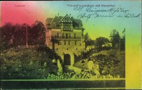Ak Hansestadt Lübeck, Navigationsschule mit Kaisertor, Lübeck