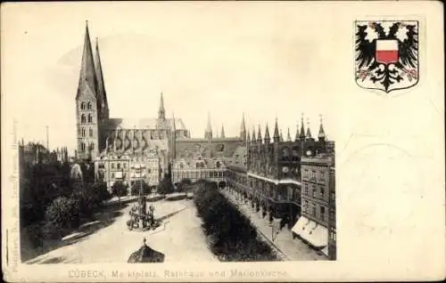 Ak Hansestadt Lübeck,  Marktplatz, Rathaus und Marienkirche.