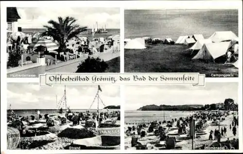 Ak Ostseebad Grömitz in Holstein, Palmeterrasse, Zeltplatz, Strand, Promenade