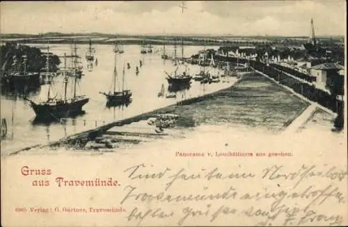 Ak Ostseebad Travemünde Lübeck,  Schiffe im Hafen, Panorama vom Leuchtturm aus