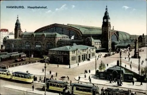 Ak Hamburg Mitte St. Georg, Hauptbahnhof, Außenansicht, Straßenbahnen, Kirche