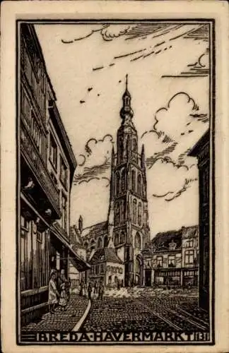 Künstler Ak Breda Nordbrabant Niederlande, Havermarkt mit Kirche