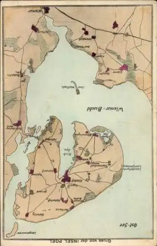 Ak Insel Poel Mecklenburg, Karte der Insel Poel mit verschiedenen Ortschaften