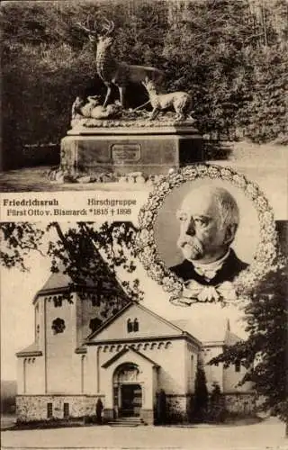 Ak Friedrichsruh Aumühle in Lauenburg, Hirschgruppe, Gruftkapelle, Portrait Bismarck