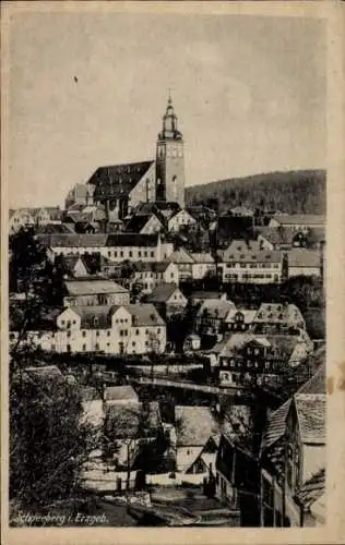 Ak Schneeberg im Erzgebirge, Teilansicht der Ortschaft mit Blick zur Kirche