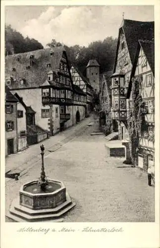 Ak Miltenberg am Main Unterfranken, Fachwerkhaeuser, Brunnen, Torturm