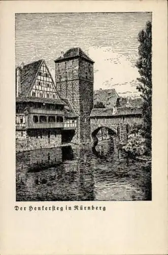 Ak Nürnberg in Mittelfranken, Zeichnung, schwarz-weiß, Fluss, Haus, Brücke, Bäume