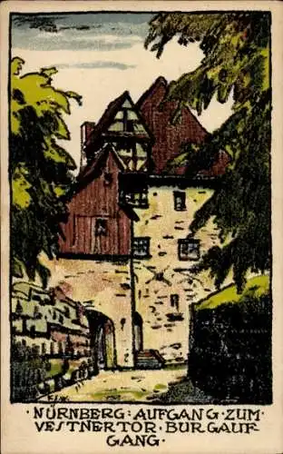 Künstler Litho Schmidt Wolfratshausen, Nürnberg in Mittelfranken Bayern, Aufgang zum Vestnertor