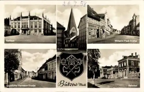 Ak Bützow in Mecklenburg, Rathaus, Kirche, Wilhelm-Pieck-Straße, Lieselotte-Hermann-Straße, Bö...