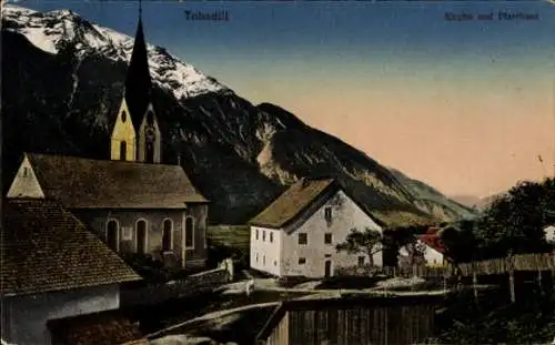 Ak Tobadill Tirol, Kirche und Pfarrhaus